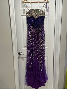 Purple metallic strapless formal gown